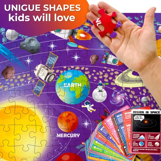 QUOKKA Puzzles for Kids Ages 8-10 - 150 Pcs Jigsaw Puzzles for 6-8 Year Olds - 400+ Facts on 50 Double-Sided Flashcards | Learn Space | Education Activity Gift - Shaped Puzzles for Toddlers 4-6 {3}