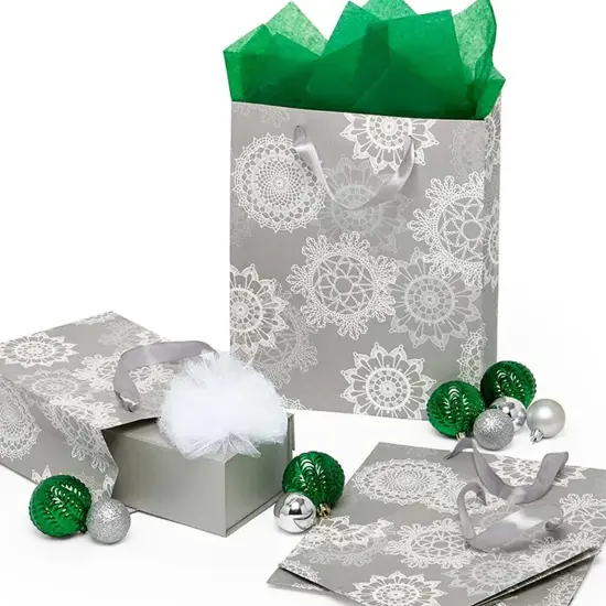 Light Silver Sparkle Snowflakes Shopping Bag 10 1/4" x 4 3/4 x 12 5/8" {2}