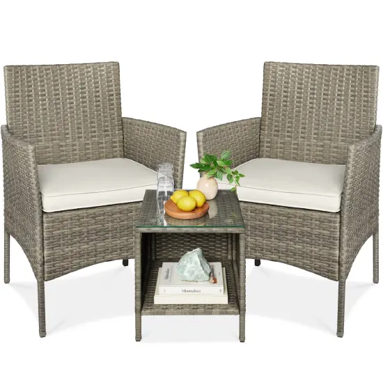 Best Choice Products 3-Piece Outdoor Wicker Conversation Patio Bistro Set, w/ 2 Chairs, Table Taupe/White Sand {1}