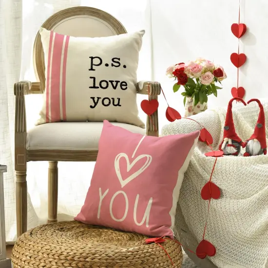 AVOIN colorlife Valentine's Day I Love You Throw Pillow Covers, 18 x 18 Inch Pink Valentine Heart Stripes p.s. Love You Wedding Cushion Case Decoration for Sofa Couch Set of 4 {6}