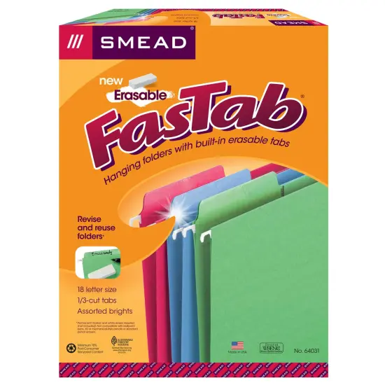 Erasable FasTab&reg; Hanging File Folder, 1/3-Cut Built-In Tab, Letter Size, Assorted Colors, Box of 18 {1}