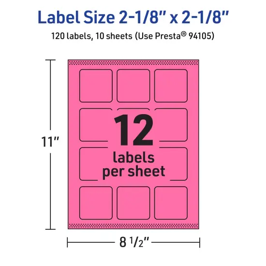 Avery Bright Pink Paper Labels, 2-1/8" x 2-1/8" Square {5}