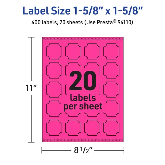 Avery Neon Magenta Paper Labels, 1-5/8" x 1-5/8" Square Scalloped {5}