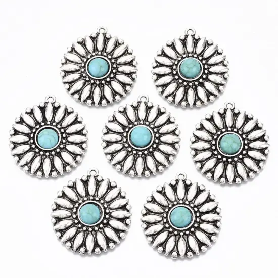*5* 34x30mm Antique Silver w/Turquoise Sunflower Pendants {4}