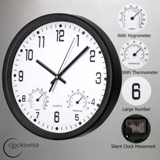 Clockswise Non-Ticking Quartz Wall Clock with Thermometer & Hygrometer - Battery Operated Plastic Analog Clock for Temperature & Humidity Monitoring - Ideal for Home, Office or School, Black {3}