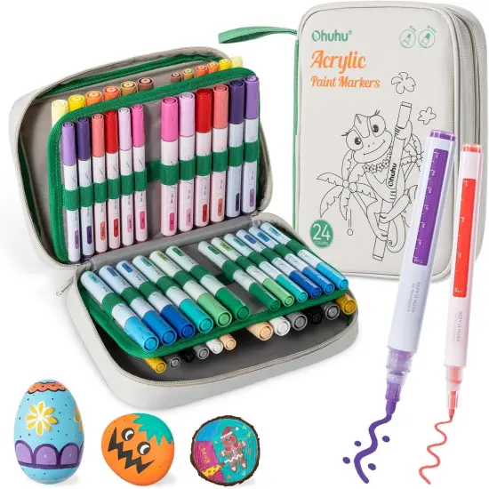Ohuhu Acrylic Paint Markers 48 PCS 24 Colors Double Pack of Fine Tip & Reversible Tips (Chisel & Round) Acrylic Markers High Opacity Paint Pens for Rock Painting Easter Egg Wood Glass Ceramic Canvas {1}