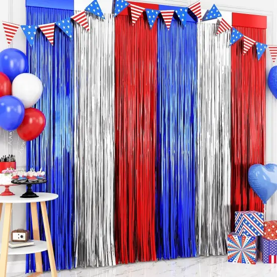 4th of July & Veterans Day Decorations, 2 Packs 3.3 x 6.6 ft Red White and Blue Foil Fringe Curtains, Tinsel Streamers for Patriotic Parties {1}