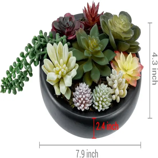 8-Inch Artificial Succulent Plant Arrangement, Assorted Fake Plants in Modern Black Round Concrete Planter Bowl {5}