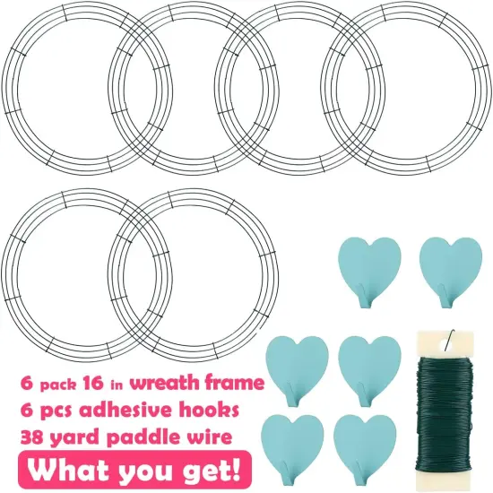 6 Pack Metal Wreath Frame - 16 Inch Wreath Form with 6 Adhesive Hooks and 38 Yard Paddle Wire for Crafts {5}