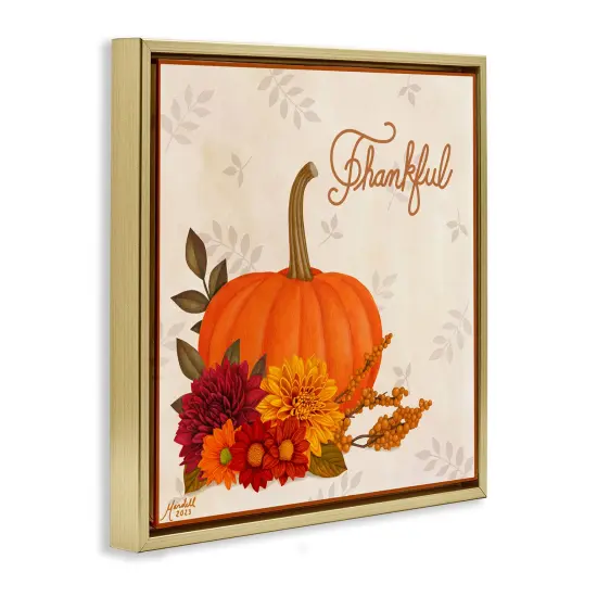 Thankful Pumpkin & Florals Floating Frame Canvas Art Gold {3}