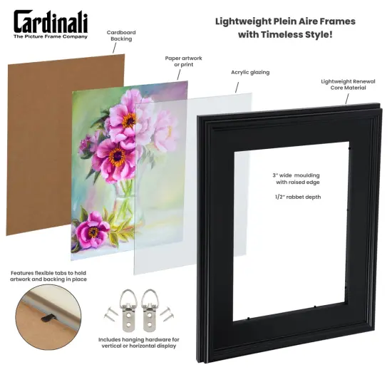 Cardinali Plein Air, Black 16x20" Picture Frame with Acrylic Glazing & Cardboard Backing, for Photography or Canvas Frame, 3 Wide Moulding, 1/2 Rabbet Depth, D-Ring Hangers Included {3}