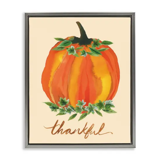 Thankful Orange Pumpkin Leaf Botanicals Autumn Plants Floating Frame Canvas Art Gold {7}