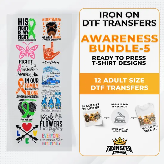 Iron on DTF Transfer Awareness Month Bundle 5 - 12 Best Seller T-shirt Designs Ready To Press {1}