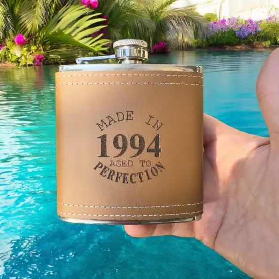 6oz Made in 1994 Aged to Perfection Leather Flask {6}