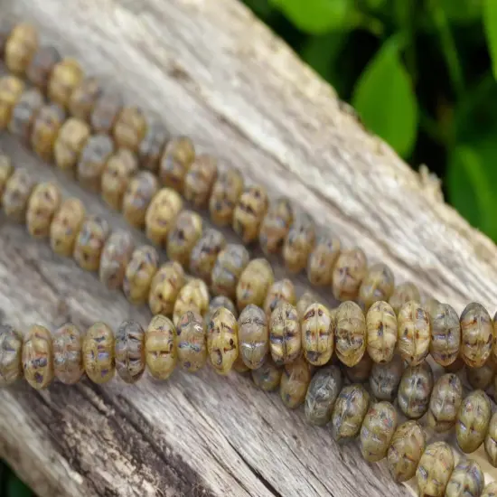 5x8mm Rustic Matte Champagne Beige Picasso Ribbed Rondelle Beads - 8" Strand {6}