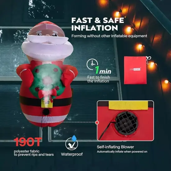 3.5ft Long Christmas Inflatable Santa w/ Wreath Broke Out from Window Yard Deco {2}