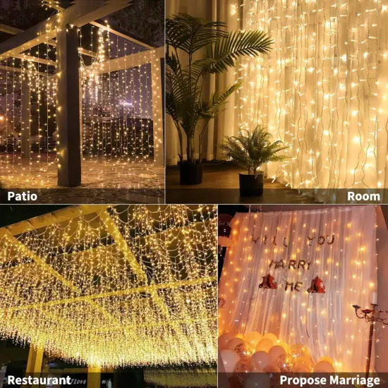 Brightown 300 LED Curtain String Lights, 9.8 FT Hanging Fairy Lights with Remote, 8 Modes, Connectable Waterproof Window Lights for Bedroom Backdrop Wedding Outdoor Christmas Party, Warm White {2}