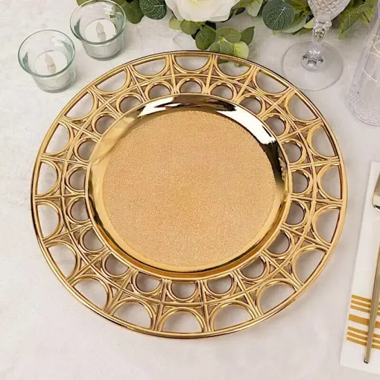 6 Gold 13" Metallic Acrylic Plastic CHARGER PLATES Hollow Semi Circle Rim Party {2}