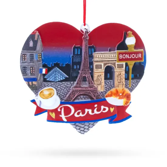 Paris Heart with Eiffel Tower and Bonjour Caf&eacute; Resin Christmas Ornament {1}