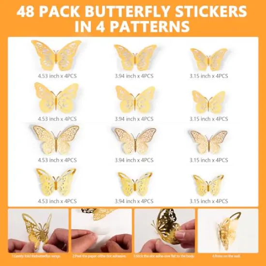 Crosize 48 Pcs Gold Butterfly Decorations, 4 Styles 3 Sizes, Butterfly Wall Decor, 3D Butterfly Party Decorations, Butterflies for Crafts, Bouquet, Cake Decorating, Flower Arrangements, Room Décor {6}