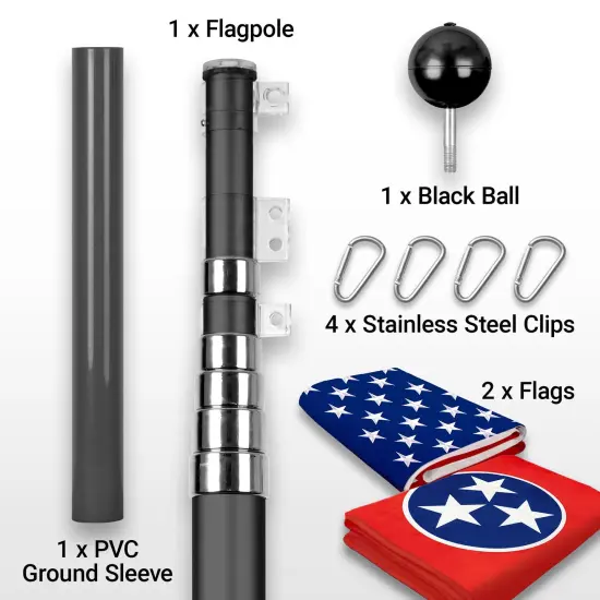G128 Combo Pack: 20 Ft Telescoping Aluminum Flagpole (Black) & American and Tennessee Flags 3x5 Ft, Both ToughWeave Series Embroidered Polyester | Pole with Flags Included {2}