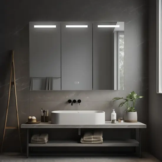 Basicwise 3-Door Versatile Bathroom Medicine Cabinet with Anti-Fog LED Mirror, Waterproof Aluminum, Surface or Recessed Mount, 2 Adjustable Glass Shelves, Wall Cabinet for Bathroom Storage, Silver {2}