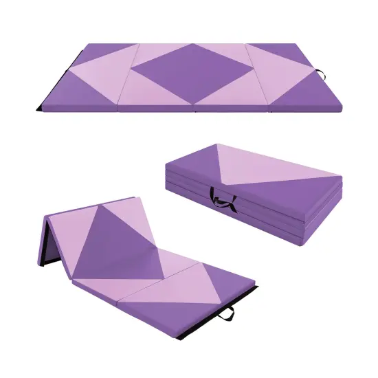 8 Feet PU Leather Folding Gymnastics Mat with Removable Zippered Cover and Hook and Loop Fasteners Pink & Purple {4}