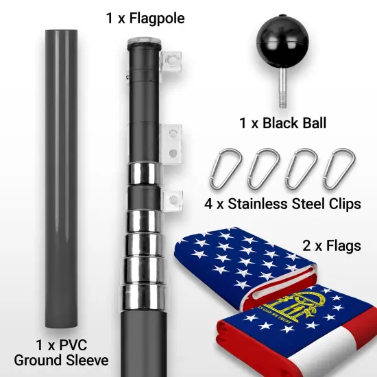 G128 Combo Pack: 25 Ft Telescoping Aluminum Flagpole (Black) & American and Georgia Flags 3x5 Ft, Both StormFlyer Series Embroidered 220GSM Spun Polyester | Pole with Flags Included {2}