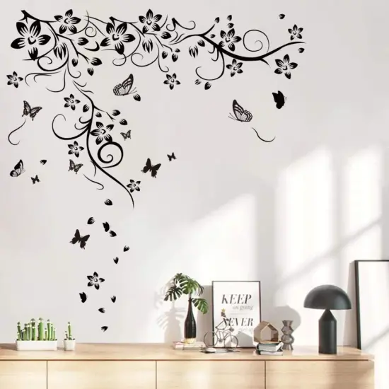 Runtoo Black Flowers Vine Wall Decal Floral Butterfly Wall Stickers Living Room Bedroom Wall Decor {1}