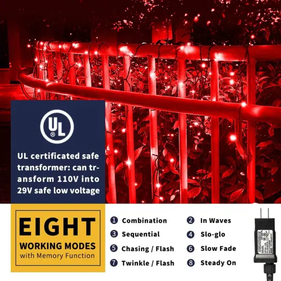 XTF2015 105ft 300 LED Christmas String Lights, End-to-End Plug 8 Modes Christmas Lights - UL Certified - Outdoor Indoor Fairy Lights Christmas Tree, Patio, Garden, Party, Wedding, Holiday (Red) {4}