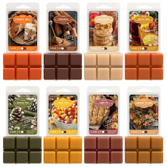 ARVIDSSON Autumn Scented Wax Melts, Fall Soy Wax Cubes for Wax Warmer, Strong Scent Fragrance Wax Tarts, Candle Melts Gift Set, Pumpkin Spice, Cinnamon, Spiced Cider, Pine, Candy Corn, Autumn Wreath {1}