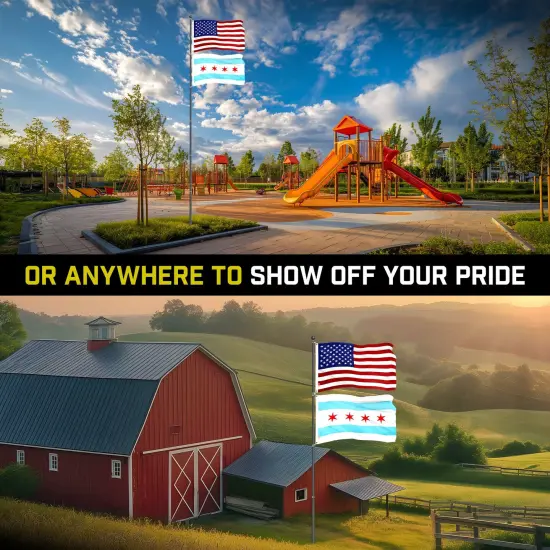 G128 Combo Pack: 20 Ft Telescoping Aluminum Flagpole (Black) & American and Chicago City Flags 3x5 Ft, Both ToughWeave Series Embroidered Polyester | Pole with Flags Included {6}