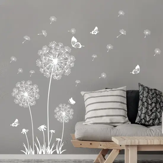 Supzone Dandelion Wall Stickers Flower Wall Decals Butterflies Flying Wall Decors Art Stickers for Bedroom Living Room Sofa Backdrop TV Wall Decor (White Black) {5}