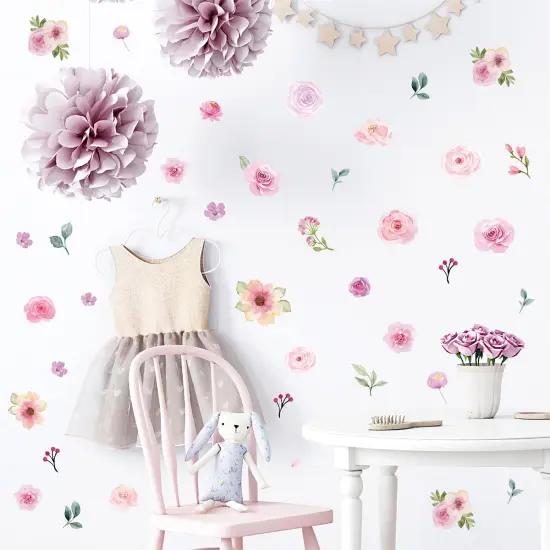AOWDIAO 60 Pcs Flower Peel and Stick Wall Decals Watercolor Vinyl Peony Floral and Leaves Wall Stickers Pastel Flower Decor for Girls Bedroom Nursery Classroom Living Room {2}