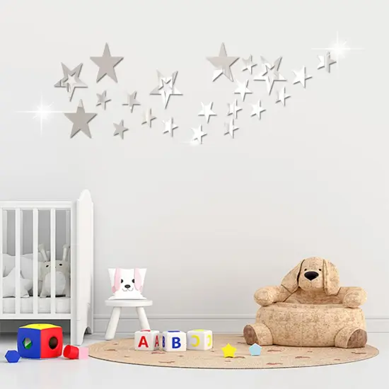 26pcs Stars Acrylic Mirror Wall Stickers 4Sizes Stars Stickers with Adhesive Art Decal 3D Wall Decorations for Baby Kids Bedroom Home DIY Decor (Silver Stars) {2}