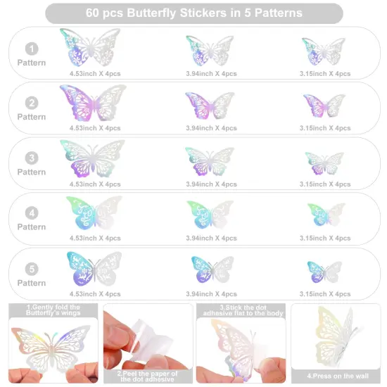 60 Pcs Butterfly Decorations, 3 Sizes 5 Styles, 3D Butterfly Cake Party Decorations, Butterfly Wall Decor, Butterflies for Crafts, Cake Decorating, Wall Stickers Room Decor (Laser Silver) {6}
