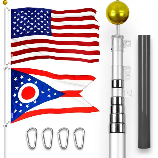 G128 Combo Pack: 20 Ft Telescoping Aluminum Flagpole (Silver) & American and Ohio Flags 3x5 Ft, Both ToughWeave Series Embroidered Polyester | Pole with Flags Included {1}