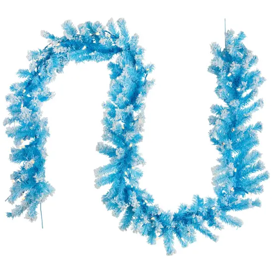 Northlight Pre-Lit Artificial Flocked Pine Christmas Garland - 9' - Sky Blue - Clear Lights {3}