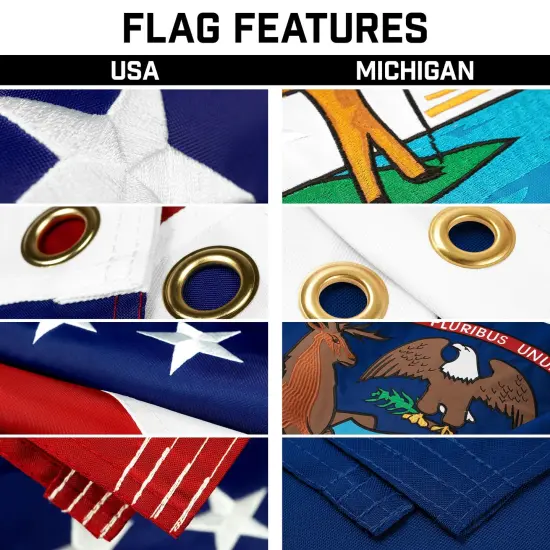 G128 Combo Pack: 20 Ft Telescoping Aluminum Flagpole (Black) & American and Michigan Flags 3x5 Ft, Both ToughWeave Series Embroidered Polyester | Pole with Flags Included {3}