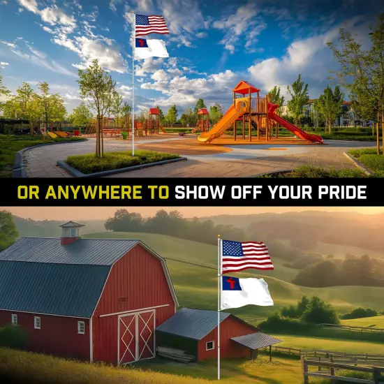 G128 Combo Pack: 25 Ft Telescoping Aluminum Flagpole (Silver) & American and Christian Flags 3x5 Ft, Both StormFlyer Series Embroidered 220GSM Spun Polyester | Pole with Flags Included {6}