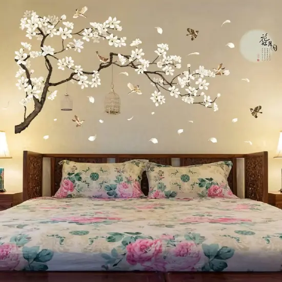 BWCXXZH Large White Flower Wall Stickers, 50"x74" Removable DIY Romantic Cherry Blossom Tree Wall Murals Peel and Stick 3D Wall Art Stickers Home Decor for Gilrs Bedroom Nursery Rooms Living Room {5}