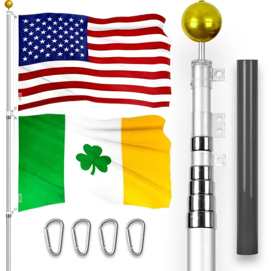 G128 Combo Pack: 20 Ft Telescoping Aluminum Flagpole (Silver) & American and Ireland Shamrock Flags 3x5 Ft, Both ToughWeave Series Embroidered Polyester | Pole with Flags Included {1}