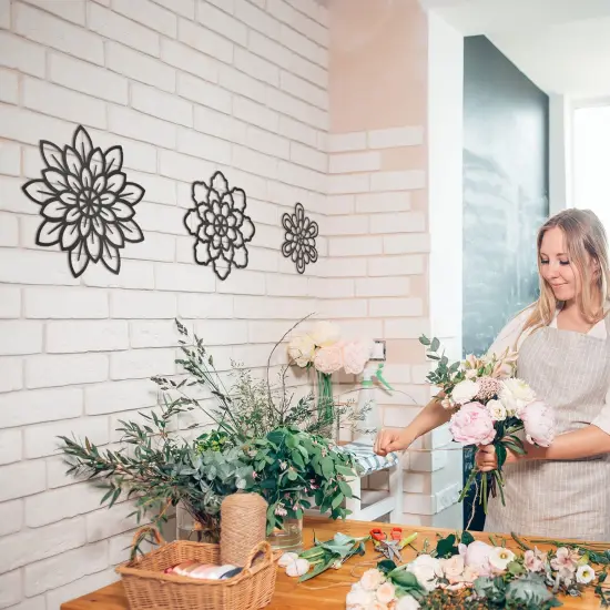 Moxweyeni 3 Pieces Metal Flowers Wall Decoration, Metal Rustic Wall Art Decoration Farmhouse Wall Decorations Multiple Floral Hanging Decoration for Bathroom Home Office(Black, Modern Style) {6}