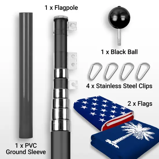 G128 Combo Pack: 25 Ft Telescoping Aluminum Flagpole (Black) & American and South Carolina Flags 3x5 Ft, Both StormFlyer Series Embroidered 220GSM Spun Polyester | Pole with Flags Included {2}