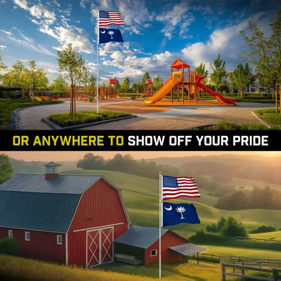 G128 Combo Pack: 25 Ft Telescoping Aluminum Flagpole (Silver) & American and South Carolina Flags 3x5 Ft, Both StormFlyer Series Embroidered 220GSM Spun Polyester | Pole with Flags Included {6}