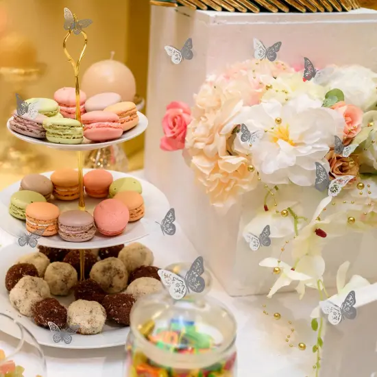 Crosize 48 Pcs Silver Butterfly Decorations, 4 Styles 3 Sizes, Butterfly Wall Decor, 3D Butterfly Party Decorations, Butterflies for Crafts, Bouquet, Cake Decorating, Flower Arrangements, Room Décor {5}