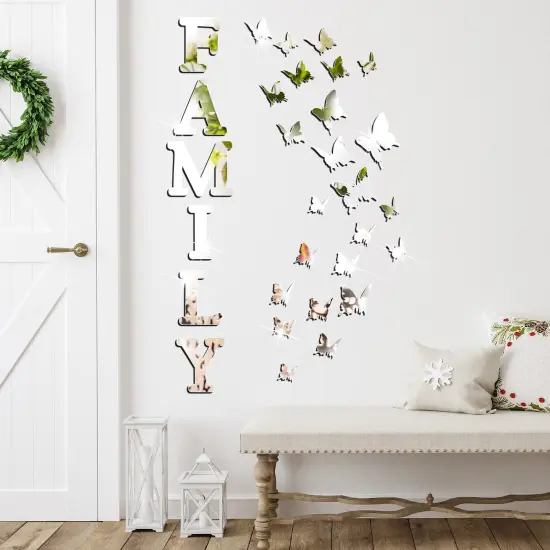 Outus 3D Family Home Sign Letters Living Room Decor Family Rustic Farmhouse Wall Decor Acrylic Mirror Decorative Butterfly Mirror Wall Sticker Decals for Living Room Bedroom Kitchen (Silver) {3}