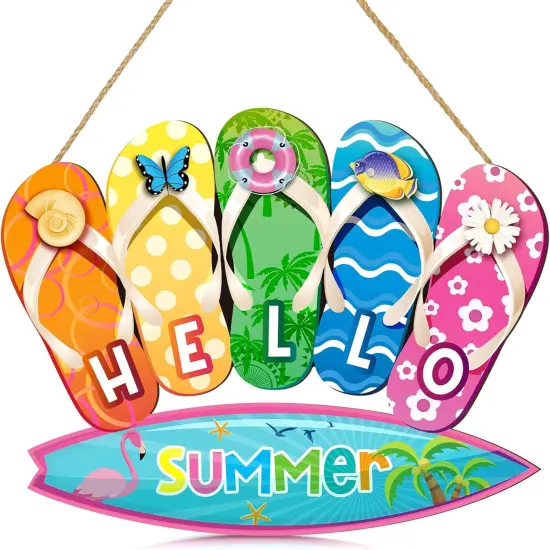 Summer Slippers Hanging Sign Shape Welcome Hello Flip Flop Wooden Door Sign Hanging Plaque Rustic Wall Sign Yard Indoor Outdoor Garden Decoration with Rope (Hello Summer) {1}