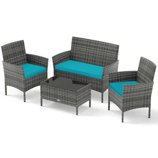 Costway 4 PCS Patio Furniture Set with Washable Cushions and Tempered Glass Coffee Table Gray {8}