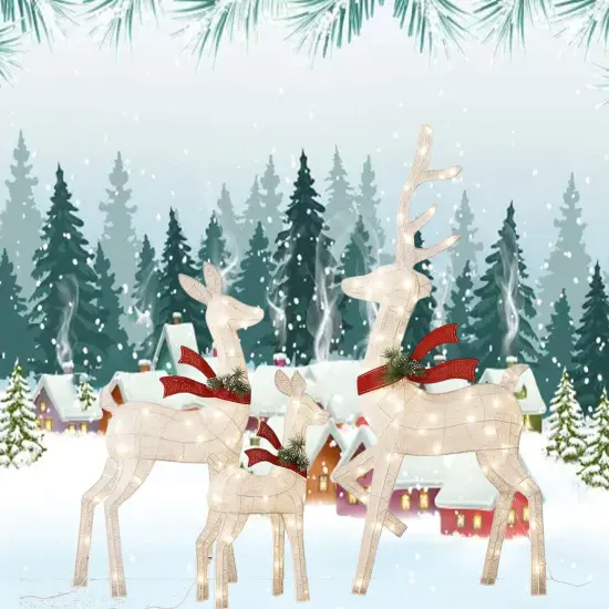 Magnificent Lighted Deer Family Set with White Thread for Holiday Decor 60"+48"+32" {4}